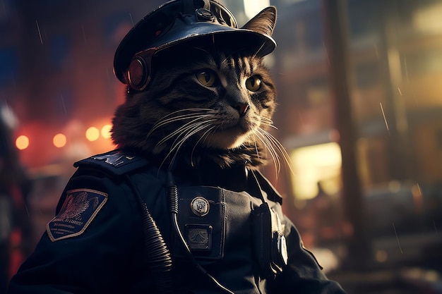 Photo feline police officer on street patrol ai