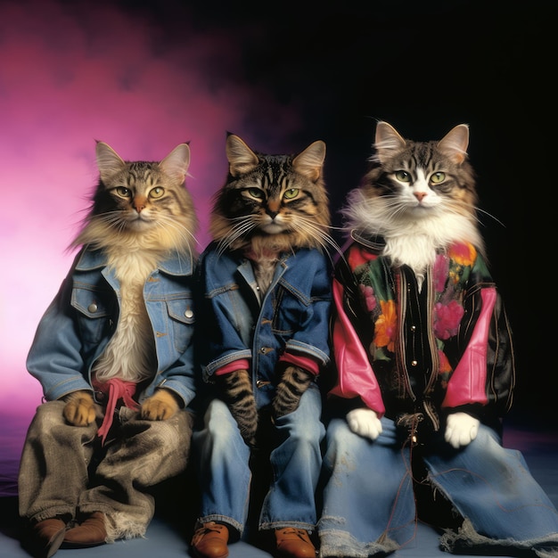Feline Rebels van de jaren '80, grunge mode met drie coole katten.