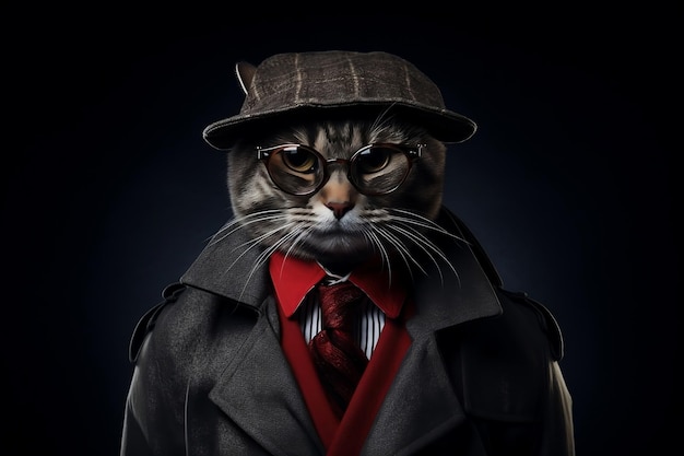 スタイリッシュな眼鏡をかけた猫探偵を捕まえるネコの探偵 Generative By Ai