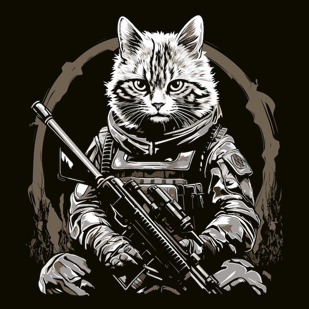 Кошачьи спецназы Иллюстрация с кошкой в полевой военной форме и оружием в векторном стиле Шаблон для наклейки на футболке и т.д. Дизайн плаката