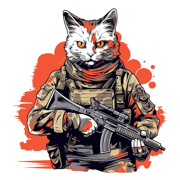 고양이 특수 부대 현장 군복과 무기를 가진 고양이 일러스트레이션 터 아트 스타일 셔츠 스티커 등에 대한 템플릿 포스터 디자인