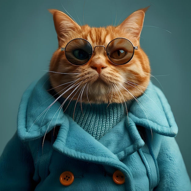 Feline in sunglasses wearing a blue coat and looking cool with head tilted