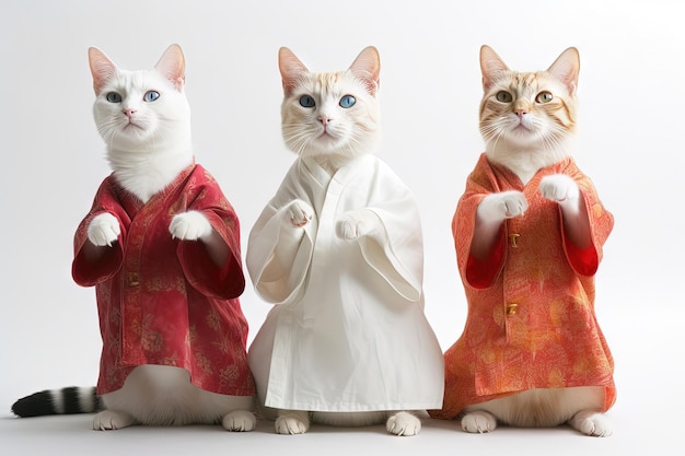 Feline Tai Chi Cats Dressed in Human Tunics Practicing on White Background