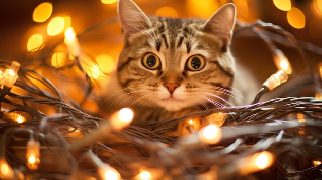 Photo feline tangled in string lights