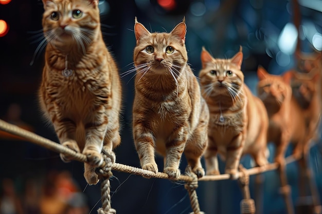 Feline Tightrope Troupe a group of agile cats balancing precariously on a high wire whiskers twitching with concentration as they navigate the dizzying heights of the circus arena