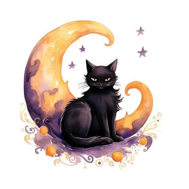 猫の気まぐれ 遊び心のある黒猫がジャックに座っている水彩画