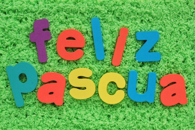 Feliz Pascua, Happy Easter on spanish colored lettering on green grass background. Holiday spring co