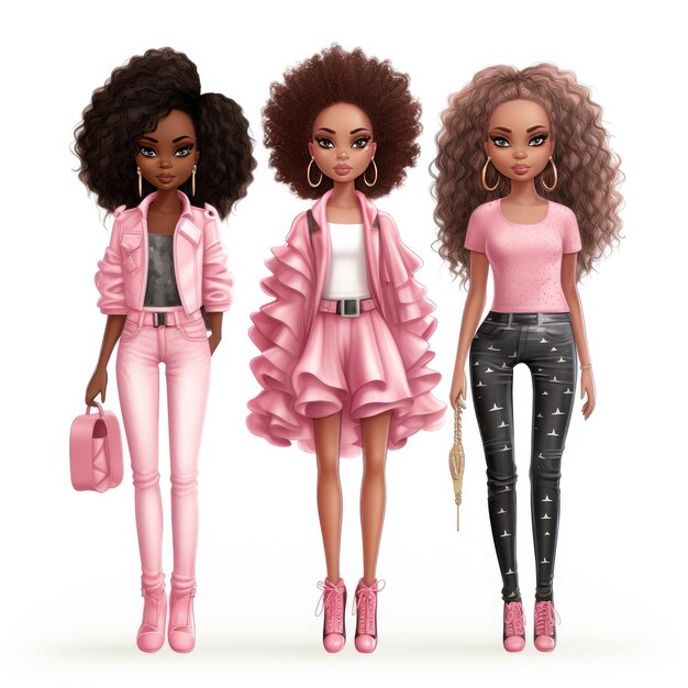 Felle en fantastische full body Afro-Amerikaanse illustratie van drie gemene meisjespoppen in roze Fashi