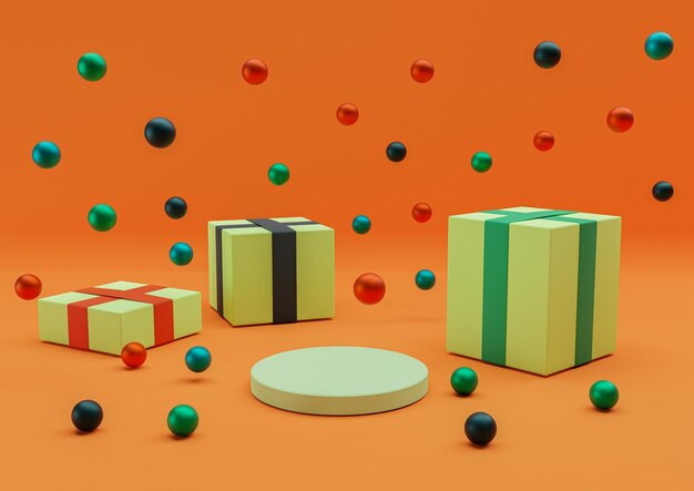 felrode 3D minimale productvertoning Kleurrijke kerstdecoratieballen geometrisch verpakte geschenken