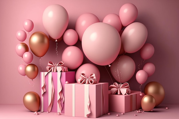 Felroze ballonnen versieren een feestelijk evenement om de vreugde van een speciale verjaardagsvakantie te vieren die Ai heeft gegenereerd