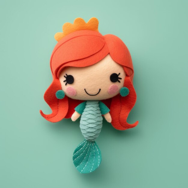 Felt mermaid princess doll on solid color background