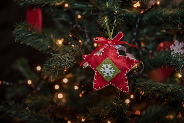 Felt ornaments decorating the Christmas tree with lights