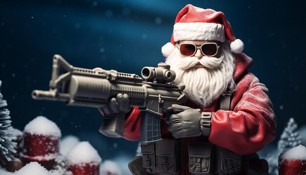 Photo a felt toy of santa claus wearing and holding an ar15