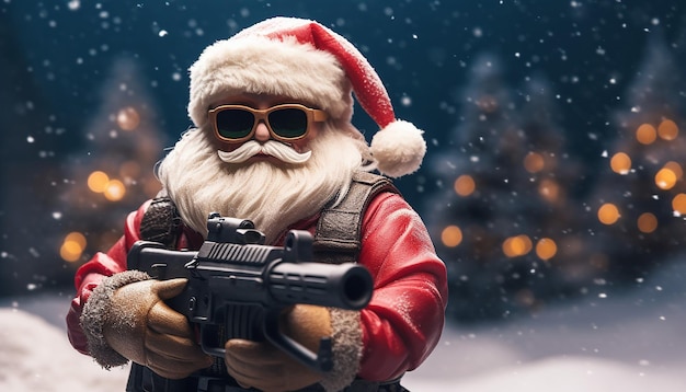 Photo a felt toy of santa claus wearing and holding an ar15