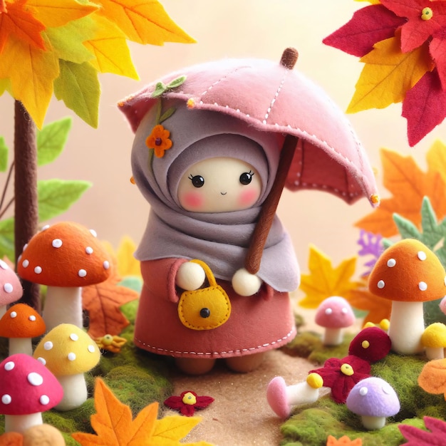 FeltMade Autumn Scene Two Cute Muslim Girls under an Umbrella