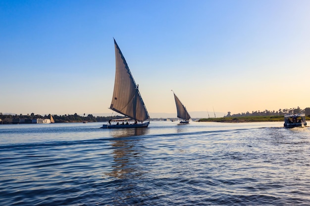 Felucca-boten zeilen op de rivier de nijl in luxor, egypte traditionele egyptische zeilboten