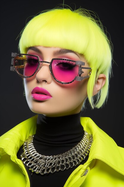 Photo a femaile model wearing futuristic fashion and a neon yellow sunglass