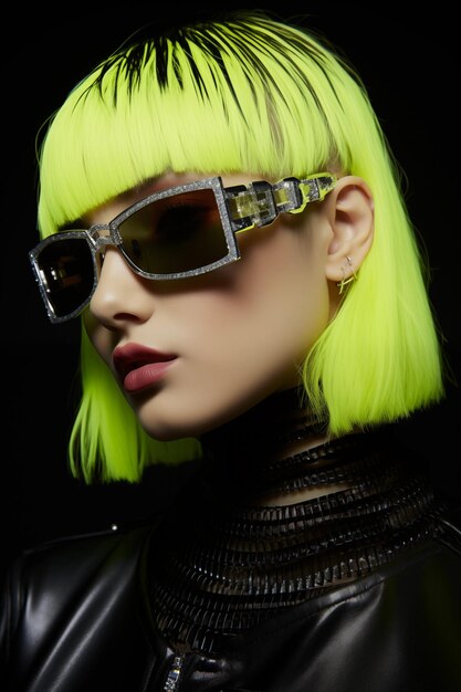 Photo a femaile model wearing futuristic fashion and a neon yellow sunglass
