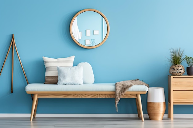 Female accessories and mirror near blue wall in room with wooden bench and pillows