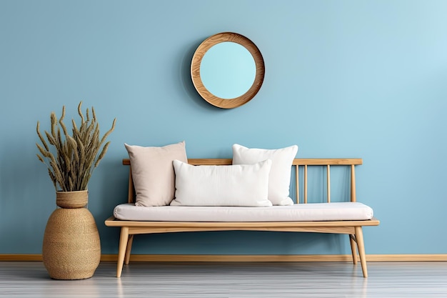Female accessories and mirror near blue wall in room with wooden bench and pillows
