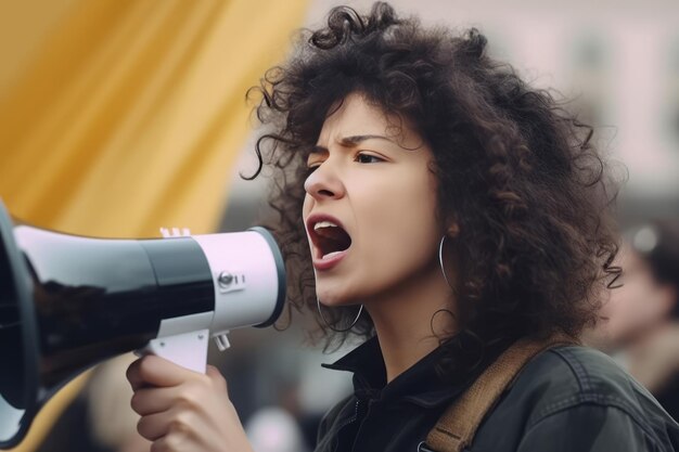 Foto protesta dell'altoparlante dell'attivista femminile messaggio ad alto volume genera ai