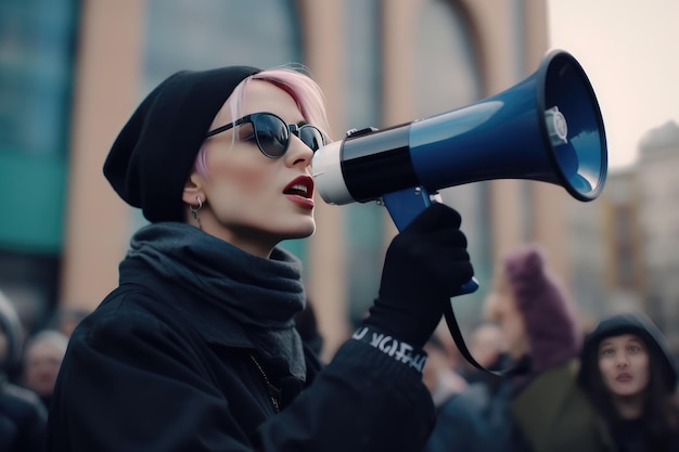 Female activist protesting with megaphone during a demonstration