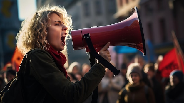 Фото Женщина-активистка протестует с мегафоном во время демонстрации