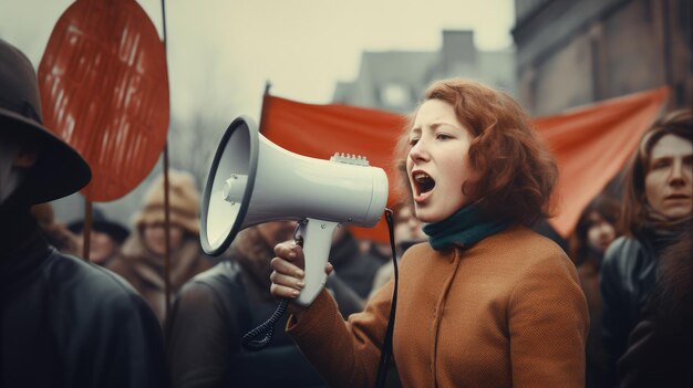 Фото Женщина-активистка протестует с мегафоном во время демонстрации