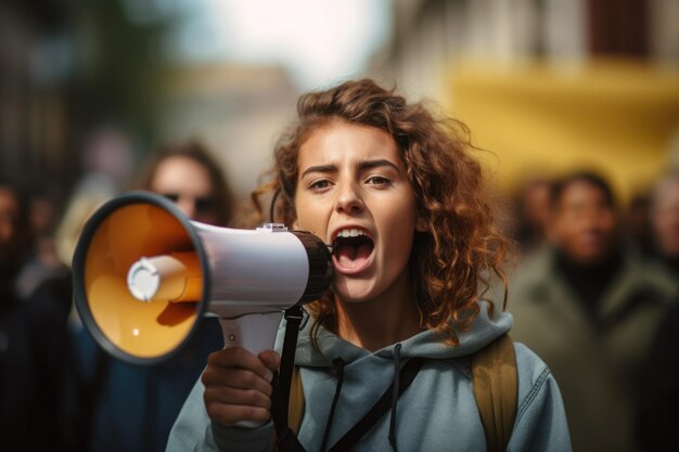 Женская активистка протестует с мегафоном во время забастовки