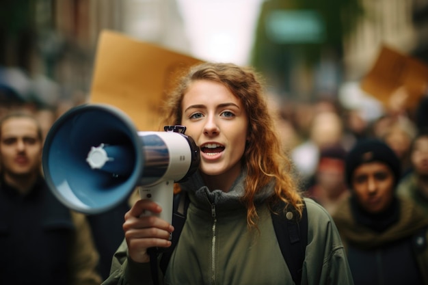 Female activist protesting with megaphone during a strike