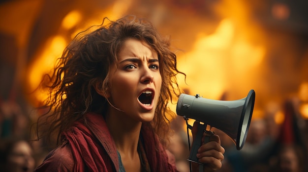 Female activist shouting megaphone for her cause among people demonstration protester Generative Ai