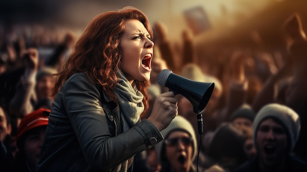 A female activist shouts angrily for her cause among a protesting crowd