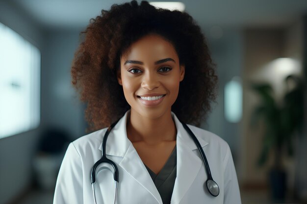 Афроамериканская врач работает в больнице с улыбкой