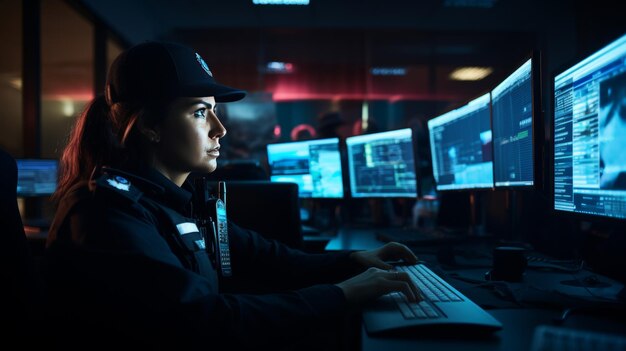 Female african american officer in uniform at police station reviewing reports on computer