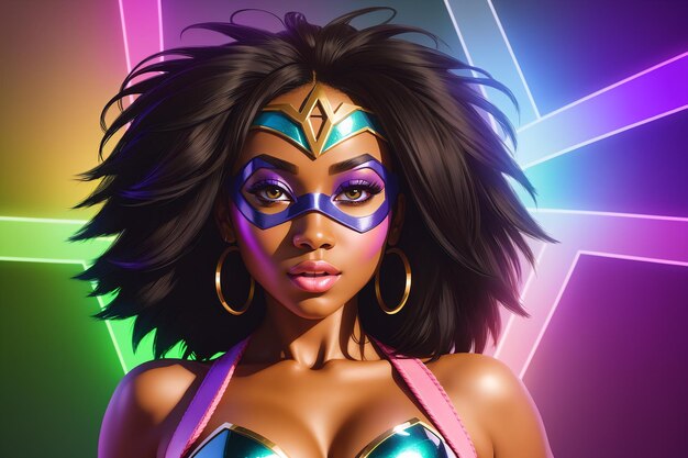 Женская афроамериканская супергероиня Портрет чернокожей женщины в фантастическом костюме и маске супергероя Генеративный ИИ