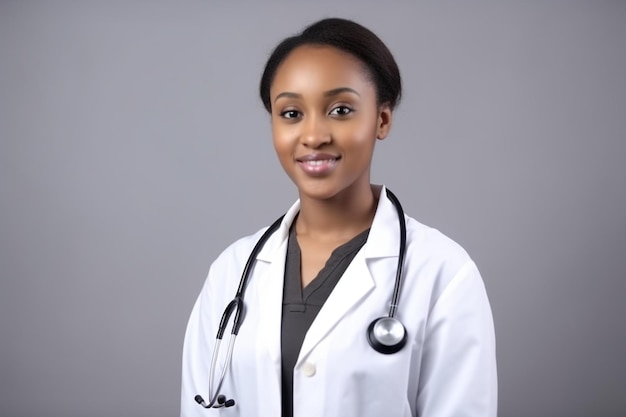 灰色の背景にアフリカの女性医師