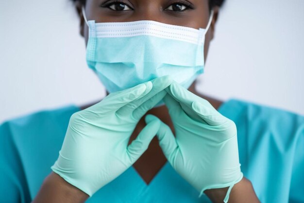 Female african professional medic nurse wear face mask gloves blue green uniform showing heart hands