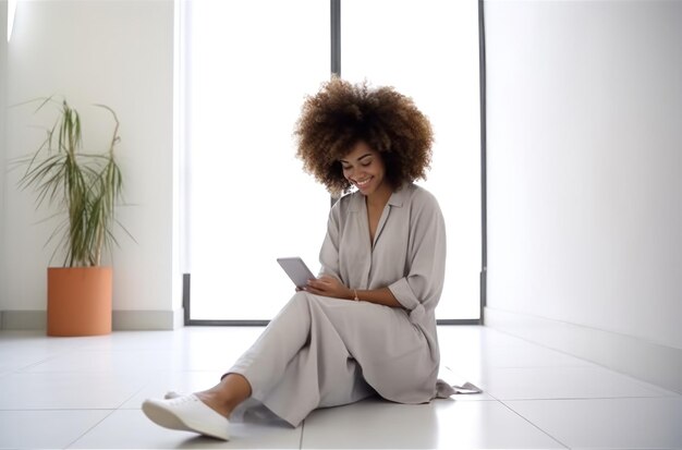 Female afro hair stylist woman sitting on floor looking at smartphone