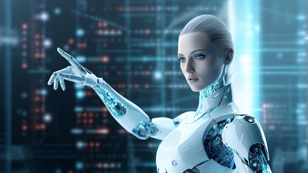 Female AI robot in front of holographic screen