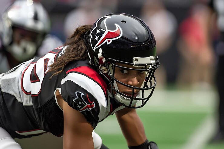 Photo female american football player in uniform and helmet on the field