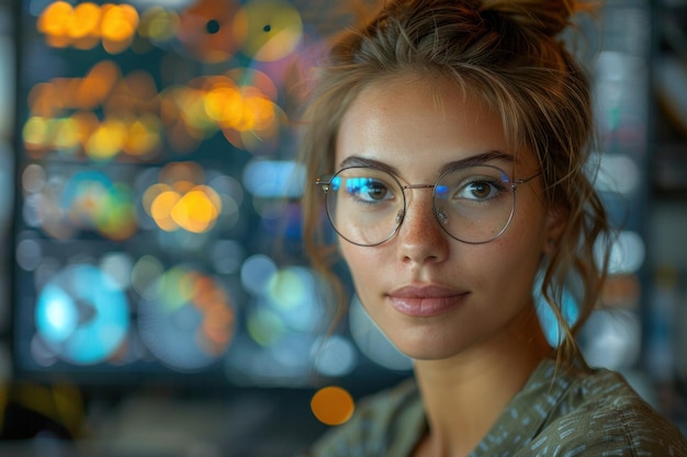 Foto analista femminile che monitora i dati su più schermi di computer in un ufficio moderno