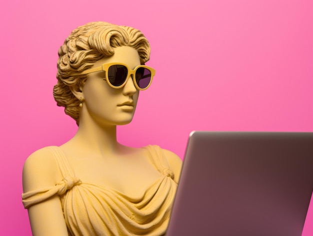 Female ancient Greek bust wear sunglasses smiling work on laptop