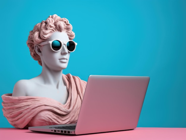 Female ancient Greek bust wear sunglasses smiling work on laptop