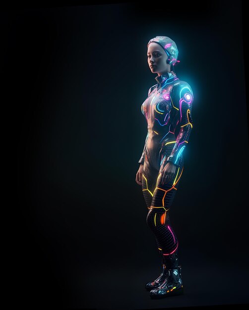 Photo female android in bright colorful costume on black background with copy space