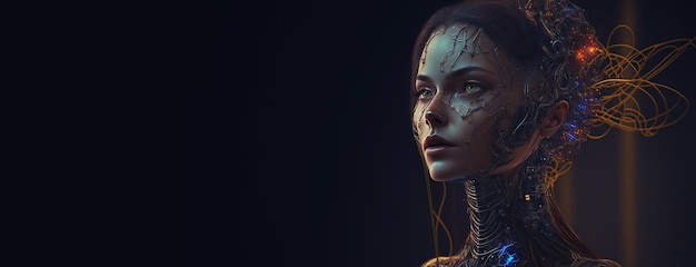 Female android portrait of artificial intelligence avatar Wires and tech pieces Generative AI