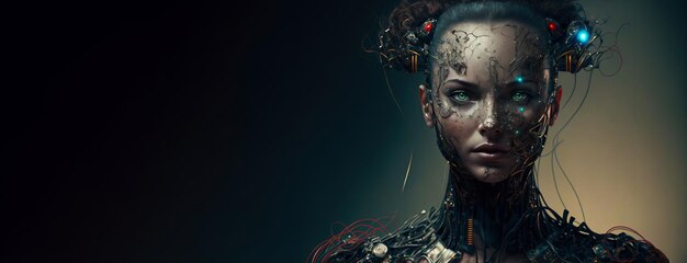 Female android portrait of artificial intelligence avatar Wires and tech pieces Generative A