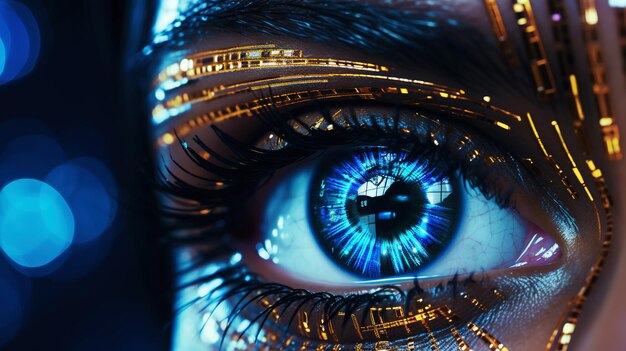 Female android robot eye closeup Digital iris of cyber woman Bionic technology concept Generative AI