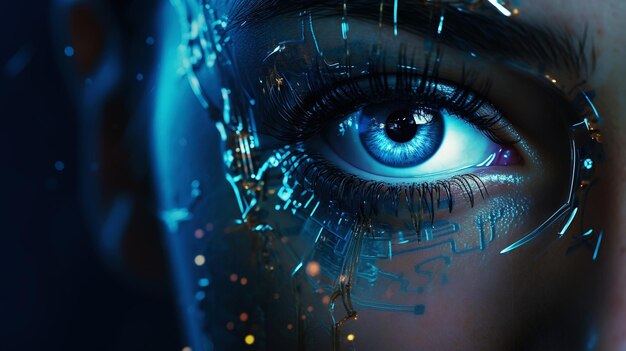 女性アンドロイド ロボットの目のクローズ アップ サイバー女性のデジタル虹彩バイオニック技術コンセプト生成 AI