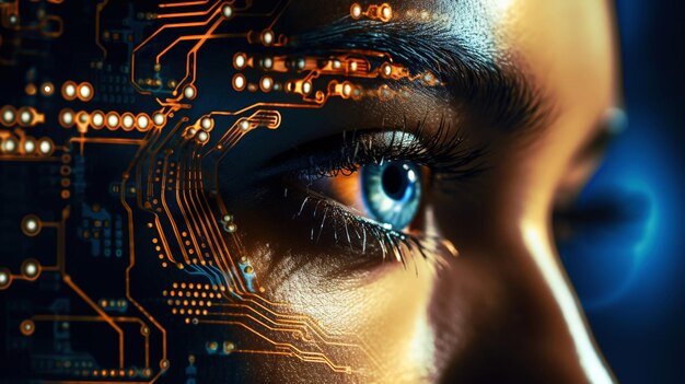 Female android robot eye closeup Digital iris of cyber woman Bionic technology concept Generative AI