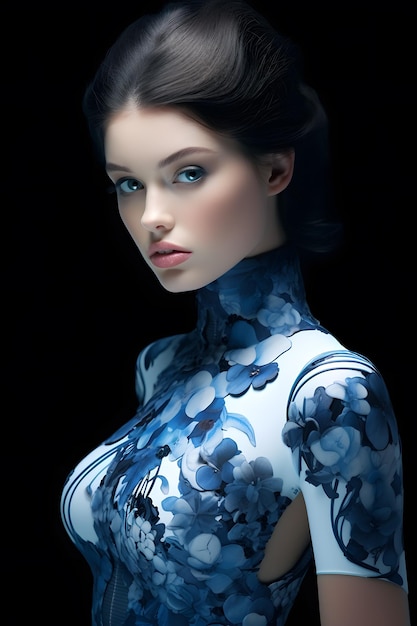 Female android seamlessly blending technology and humanity shrouded in Blue Fire Glass Skin with p